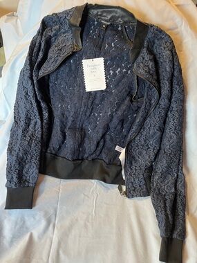 Stella & Dot Navy Lace Bomber Jacket with Faux-Leather Trim